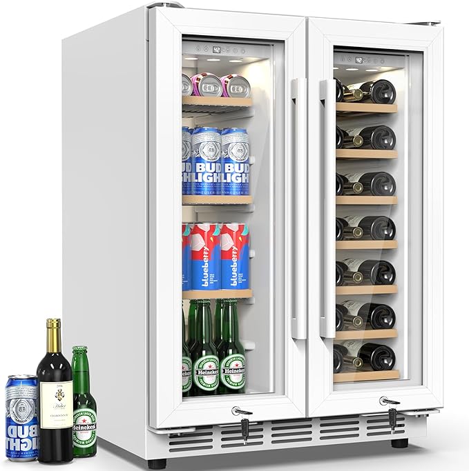 24 Inch Dual Zone Wine and Beverage Refrigerator - Under Counter Built-in/Free Standing Beverage Cooler with Glass Door,Beverage Fridge with Large Capacity, Advanced Cooling System, White