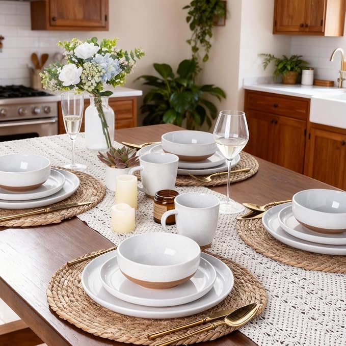 AmorArc Ceramic Dinnerware Sets with Pasta Bowls for 6, Handpainted Plates and Bowls Set with Rustic Terracotta Underside, Scratch Resistant Dishes Set, Dishwasher & Microwave Safe, 24 Pcs