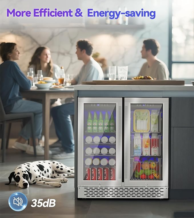 Dual Zone Beverage Refrigerator, 30'' Beverage Fridge with Detachable Basket, Intelligent Control Beverage Cooler with Glass Door Built-in or Freestanding with Blue LED Light, Hold 130 Can 60 Bottle