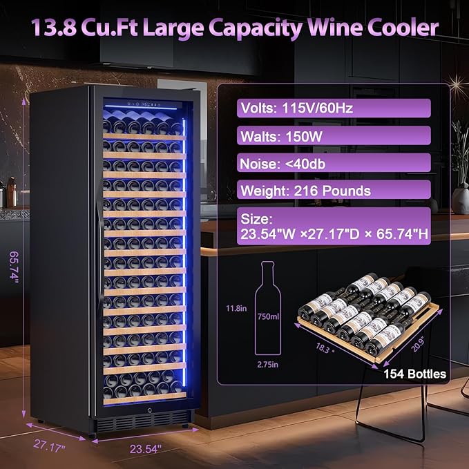 Wine Cooler-Wine Fridge with Safety Lock Freestanding/Built in 24 Inch Wide Large Wine Refrigerator for 154 Bottles,Cellar Chiller Low Noise, Fast Cooling, Black