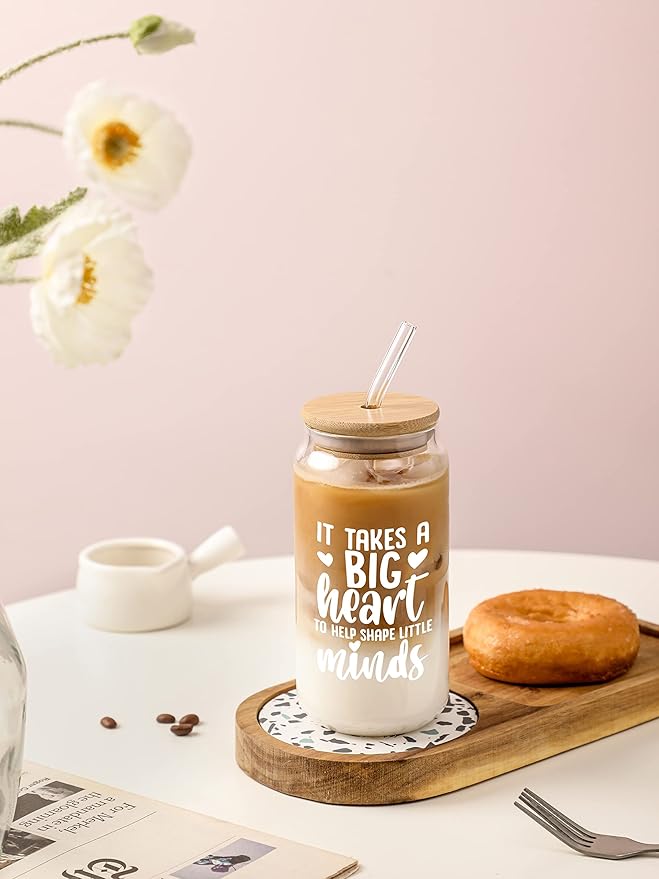 Christmas Teacher Appreciation Gifts, 16oz Glass Cup with Straw and Lid, Thanksgiving Teacher Gifts for Women, Christmas Teachers Appreciation Week, Birthday, Back To School,Retirement