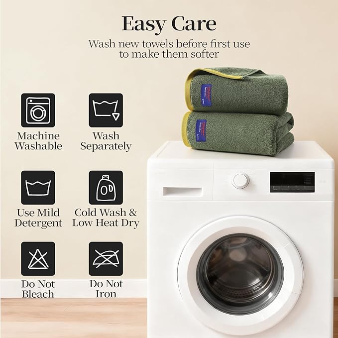 REDKISS 2 Pack 100% Cotton Bath Towels with Luxury Embellished Border Design, Oversized 27 x 54 Inches & 600 GSM Ultra Soft Bath Towel Set, Quick Dry Towels for Bathroom, Gym, Spa, Hotel, Army Green