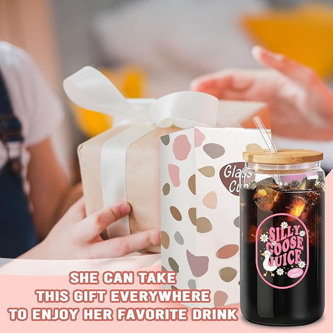 Cute Silly Goose Glass Cup Gifts, Pink Glass Tumbler Set with Straw, Cleaning Brush in Gift Box - Ideal Aesthetic Coffee Bar - Present for Women Friends - 16 Oz