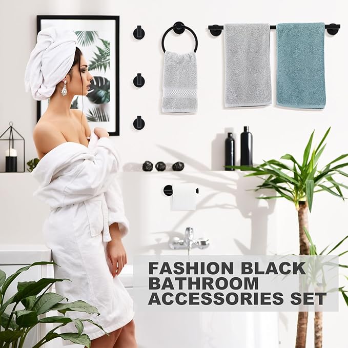 Gisafai 15 Piece Bathroom Hardware Set, 23.6 Inch Brushed Towel Bar Ring Toilet Paper Holder Robe Towel Hook, Sus304 Stainless Steel Bathroom Accessory Set Wall Mounted(Black)
