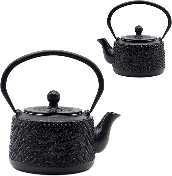 Cast Iron Teapot with Sunflower Pattern,SECHUDO Tea Kettle Coated with Enameled Interior for Loose Tea,Cast Iron Teapot with Stainless Steel Infuser for Stovetop Safe (28.7oz-Black)