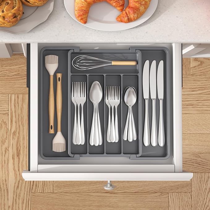 Lifewit Silverware Drawer Organizer, Expandable Utensil Tray for Kitchen, BPA Free Flatware and Cutlery Holder, Adjustable Plastic Storage for Spoons Forks Knives, 8.5"-14.1" x 12.1", Dark Gray
