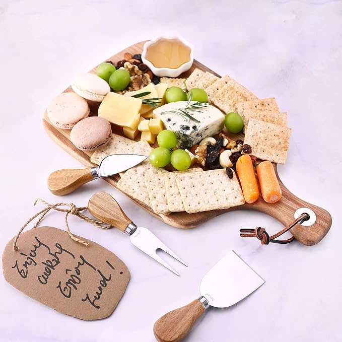 hecef Upgrade Bigger Cheese Board set of 4, a Acacia Wood Cheese Plate and 4 Pcs Knives, Charcuterie Platter Serving Tray for Appetizers, Feast, Housewarming, Cheese Serving