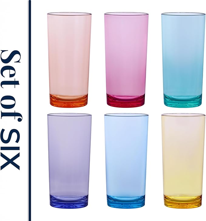 US Acrylic Classic Plastic Reusable Drinking Glasses (Set of 6) 24oz Iced Tea Cups Assorted Colors | BPA-Free Tumblers, Made in USA | Top-Rack Dishwasher Safe