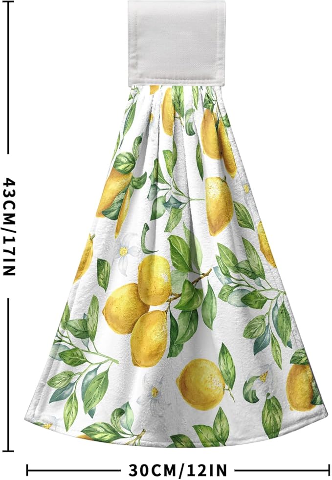 Spring Lemon Kitchen Hand Towels with Loop 2 Pcs Summer Leaves Yellow Lemons Hanging Dish Towels Soft Absorbent Tie Towel Dishcloths for Bathroom Kitchen Washroom 17 x 12 in