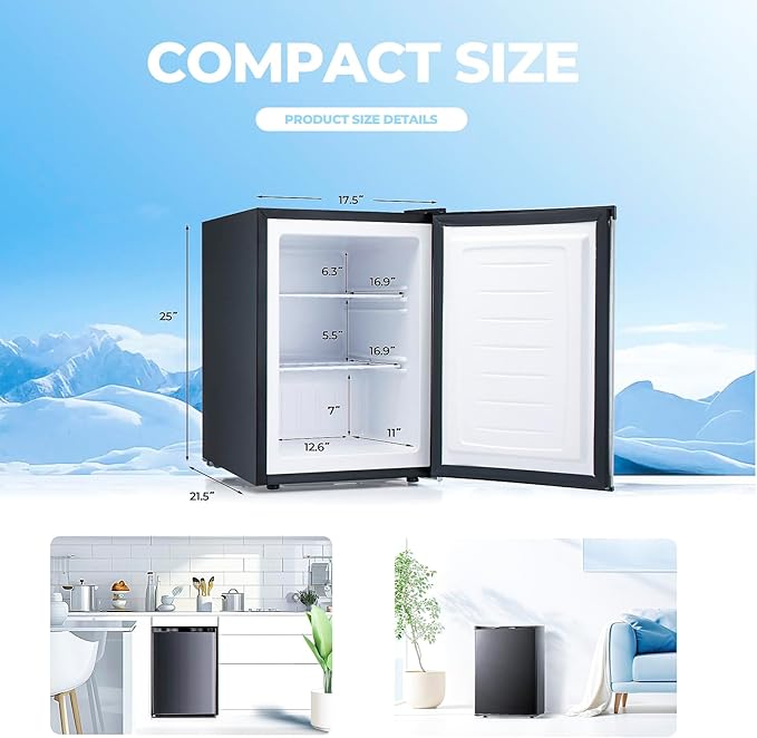 2.2 Cu.ft Upright Freezer, Small Mini Freezer with Adjustable Thermostat, Removable Shelves, Reversible Single Door, for Bedroom/Home/Dorms/Apartment (Black)