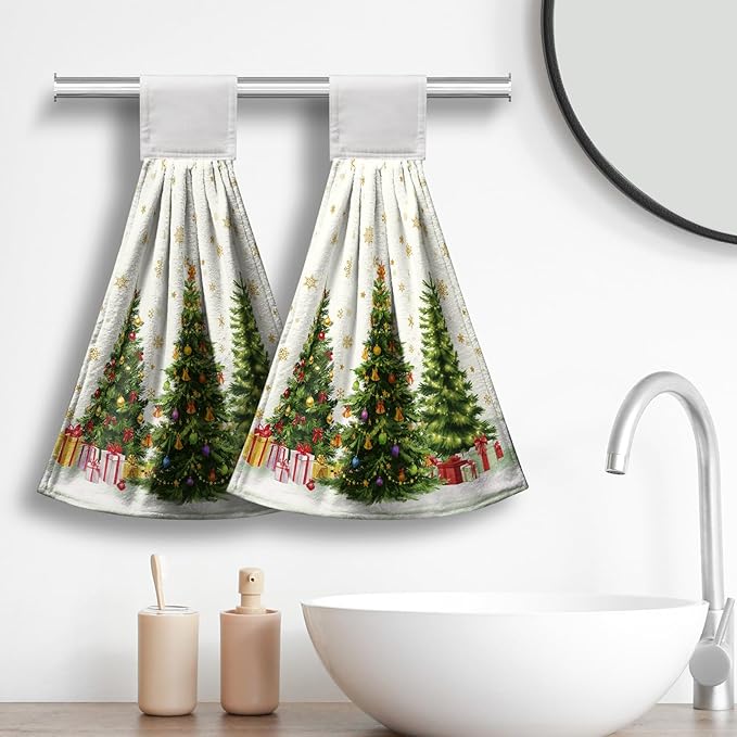 Xmas Tree Hanging Kitchen Towels Winter Holiday Hand Tie Towel Snowflakes Dish Towels with Loop Soft Absorbent Dishcloth for Bathroom Kitchen