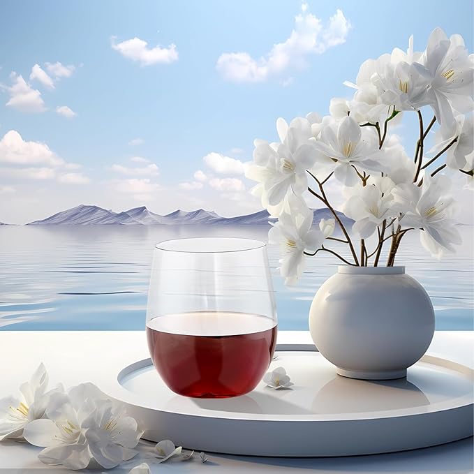 SUT Disposable Wine Glasses Stemless - 12oz Unbreakable Wine Cups, Shatterproof, Recyclable, Heavy Duty Plastic Wine Glasses for Parties Disposable(24Pack)(Clear)