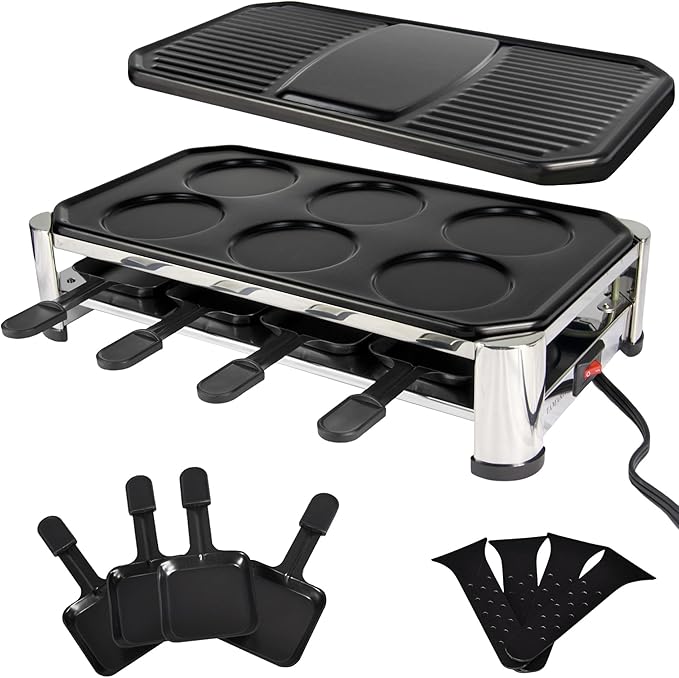 TAMARIT 8-Person Raclette Grill, Electric Party Griddle with Nonstick Grill and Crepe Plates, 8 Pans and Spatulas, 1500W (Indoor), Stainless Steel