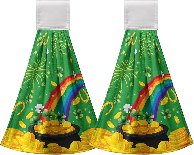 St. Patrick's Day Hanging Kitchen Towels Shamrock Lucky Rainbow Hand Towel with Loop St Patricks Day Gold Coin Dish Tea Tie Towels Soft Absorbent Green Spring Decor for Home Holiday