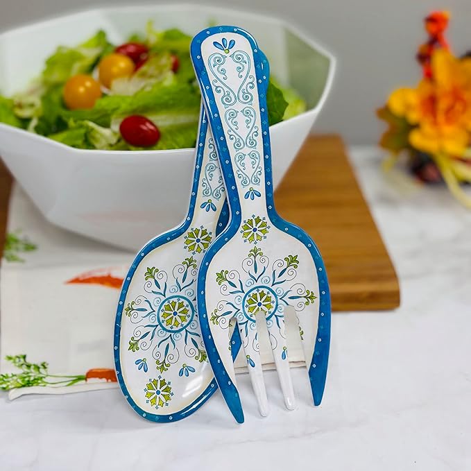 UPware Jewel Medallion Melamine Salad Servers, Serving Utensil Set, Includes Serving Fork and Spoon for Tossing Salad, Pasta, Blue, 10.75 Inch, Set of 2