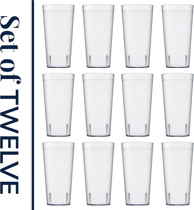 US Acrylic Café Plastic Reusable Tumblers (Set of 12) 32-ounce Iced-Tea Cups Clear | Value Set of Restaurant Style Drinking Glasses, Stackable, BPA-free, Made in the USA | Top-rack Dishwasher Safe