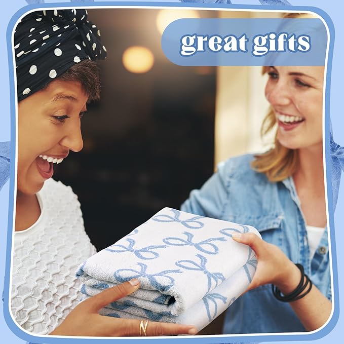 2 Pcs Blue Bow Bathroom Towels 100% Cotton Coquette Bow Bath Towels 28 x 55 Inch Absorbent Soft Preppy Bathroom Decor for Spa Gym Kitchen Women Gifts