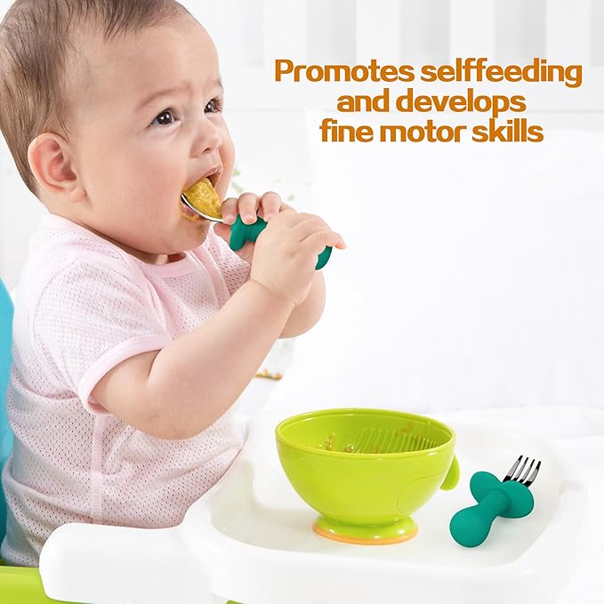 Toddler Spoons and Forks Set, 4Pcs Kids Silverware Set with Silicone Handle, 18/8 Stainless Steel Children Safe Forks and Spoons, Toddler Utensils BPA Free, Anti-Choke Design (Dark Blue, Green)