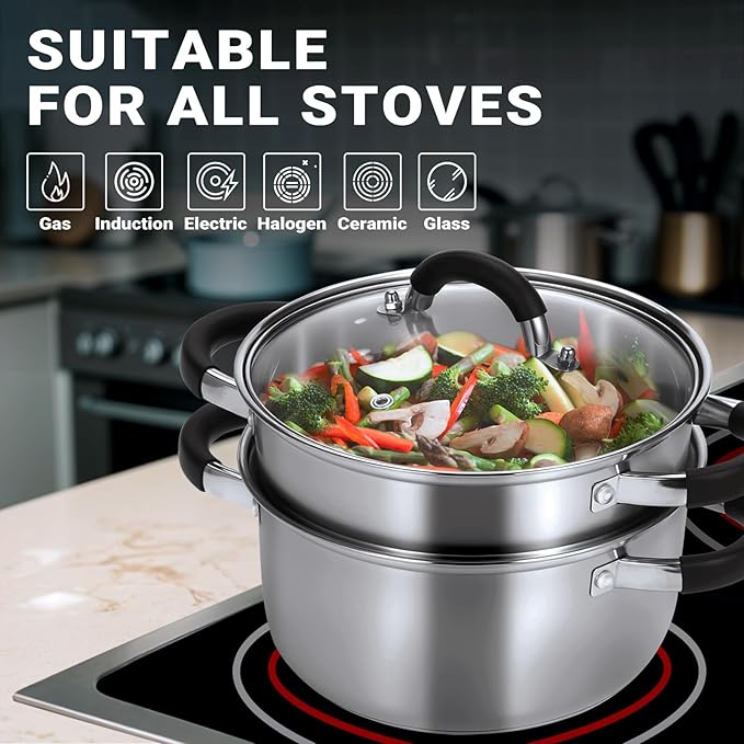 Kirecoo 3.2QT Steamer for Cooking - Stainless Steel Steam Pot with Steamer Basket, Cooking Stock Pot with Silicone Handle, Lid for Vegetable, Dumplings, Soup, Food, 3Ply Bottom Boiling Stew Cookware