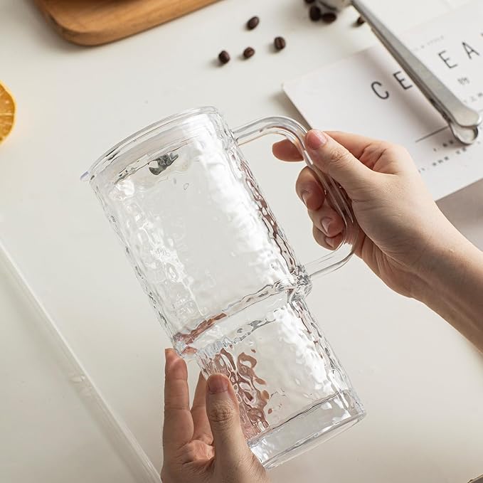 INSETLAN 26oz Water Ripple Glass Tumbler with Handle and Lid, Set of 2 – Reusable Iced Coffee Cups with Lids, Clear Glass Cups with Straw for Coffee, Smoothies, Tea, Juice – Perfect for any Occasion