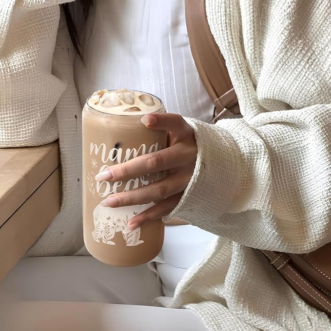 Mom Gifts - Mama Bear 16 Oz Can Glass Tumbler with Bamboo Lid and Straw - Iced Coffee Cups for Women, Aesthetic Glass Cup Gift for Birthday Christmas Mother's Day