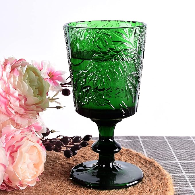 Jomop Handmade Pressed Colored Stemmed Wine Glasses Set Green Set of 4 Retro Christmas Vintage Glassware (4, Wine Goblet)