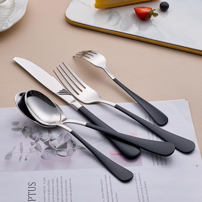 20-Piece Black Silverware Set for 4, 18/0 Stainless Steel Flatware Cutlery Utensils Set, Include Dinner Knives,Dinner Forks,Dinner Spoons,Salad Forks,Teaspoons, Elegant Gift,Dishwasher Safe
