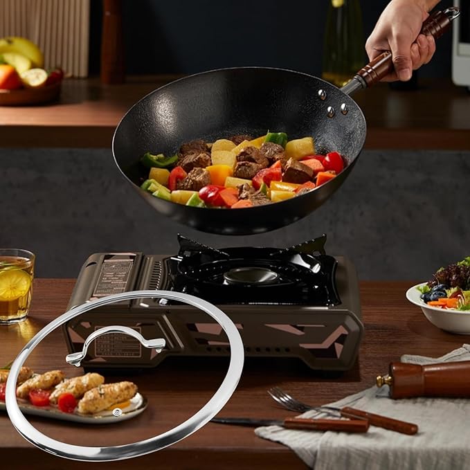 Woogim 4mm Thickness Tempered Glass Lid 12 Inch with Steam Vent,Dishwasher Safe & Oven Up to 480℉ Wide Edge Pot Lids with Stainless Steel Handle for Frying Pan Saute Pan Replacement Cover