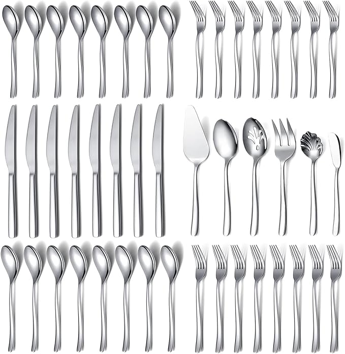 Silverware Set 46 Piece - Stainless Steel Flatware Set With Cake Server, Serving Spoons, Forks, Sugar Spoon, Butter Knife (Shiny Silver)