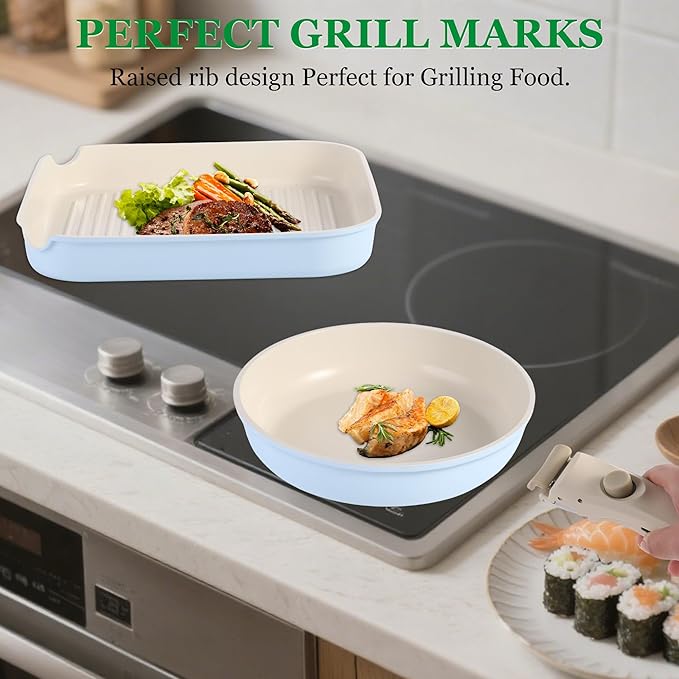 12 PCS Kitchen Cookware Sets with Detachable Handle,Pots and Pans Sets Non Stick, Induction Pan Set for RV Cookware,Oven Safe, PFOA Free(Blue)