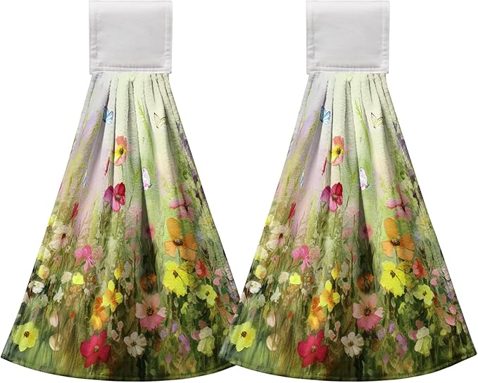 Spring Flowers Hanging Kitchen Towel with Loop 2 Pcs Wild Floral Hand Tie Towel for Bathroom Summer Green Haning Dish Towels Soft Absorbent for Kitchen Bathroom Home Decor Aceesories
