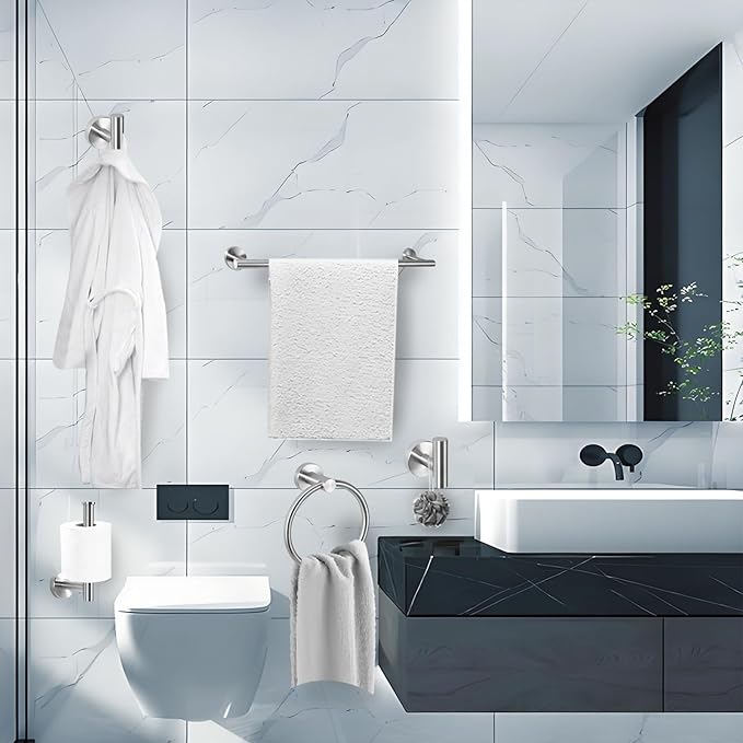 5-Piece Towel Racks for Bathroom, Stainless Steel Bathroom Accessories Set, Bathroom Towel Holder Wall Mounted, Sturdy Bath Towel Bar Set Bathroom Hardware Set (Brushed)