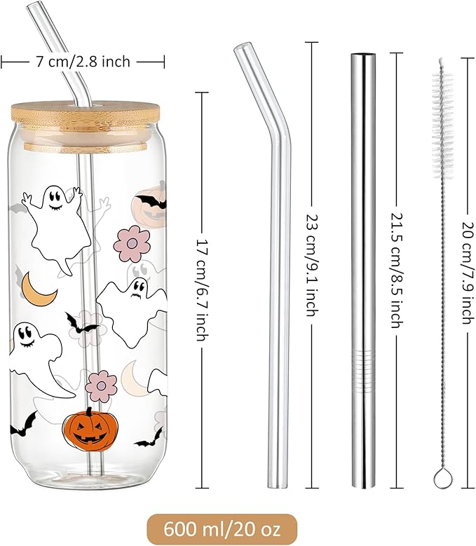 Joeyan Halloween Glass Cups with Lids and Straws,20 oz Pumpkin Ghost Iced Coffee Tumbler,Cute Spooky Can Shaped Beer Drinking Glasses,Holiday Gifts for Women Mom Friend Teen