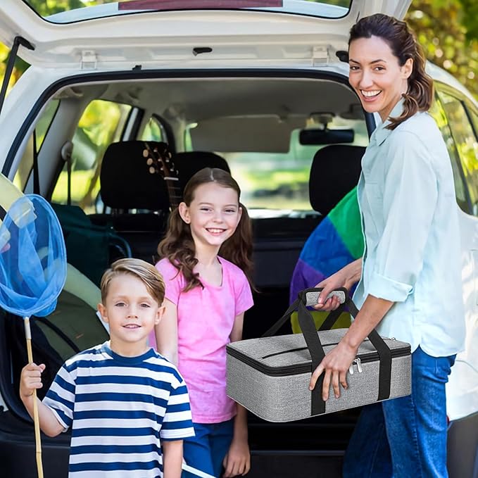 Insulated Casserole Carrier, Portable Casserole Carrier for Hot or Cold Food Lunch Tote Warmer or Cooler Bag, Lasagna Lunch Bag for Potluck Parties- Fits 9" x 13" Baking Dish-Light Gray