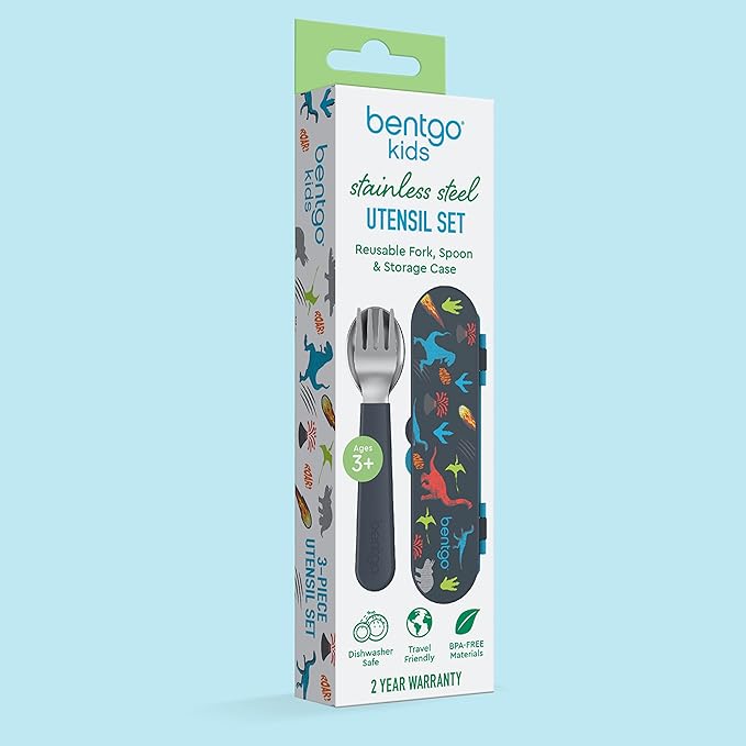 Bentgo Kids Stainless Steel Utensil Set - Reusable Fork, Spoon & Storage Case - High-Grade BPA-Free Stainless Steel, Easy-Grip Handles, Dishwasher Safe for School Lunch, Travel & Outdoors (Dinosaur)