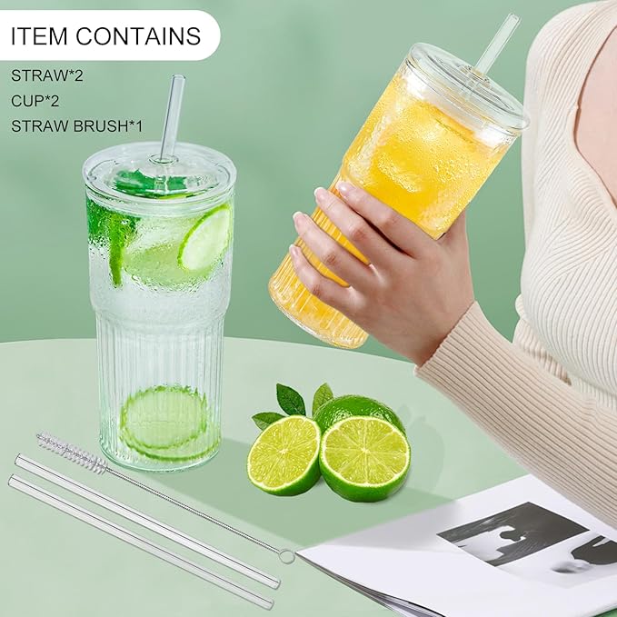 Glass Cups with Lids and Glass Straws, High Borosilicate 20OZ Tumblers (2Pcs) for Coffee, Tea, Juice, Smoothies, Hot/Cold Drinks at Home, Office(Creative Drink Label Design)