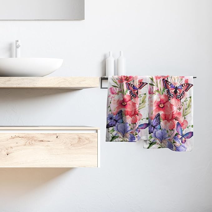 Imiss Pink Flowers Kitchen Dish Hand Towels 14.4 x 28.3 Inch Pink Purple Butterfly Green Leaves Small Bath Guest Towel for Bathroom Hotel Gym Spa