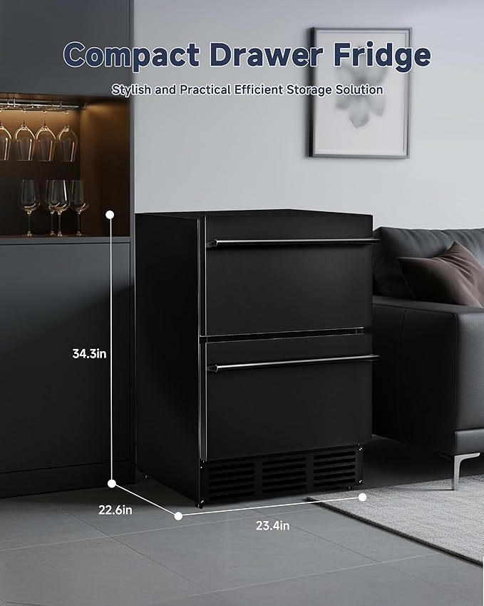 24 Inch Under Counter Fridge, Outdoor Refrigerator with Dual Drawers, Stainless Steel Door, Fast Cooling, Low Noise, Grid Organizers, Drawer Fridge for Home, Outdoor & Commercial (Black)