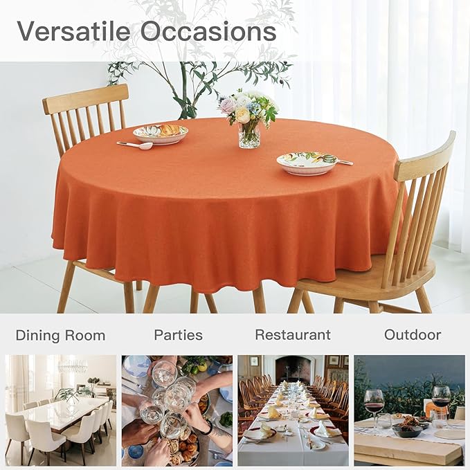 maxmill Round Linen Textured Fall Tablecloth Spill-Proof Wrinkle Free Table Cloth for Circular Table Cover, Halloween Tablecloths, Dining Room Harvest Thanksgiving Pary Holiday Dinner, 70 Inch, Rust