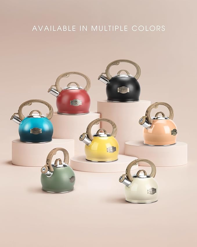 Tea Kettle Stovetop, 2.1 Quart Stove Top Whistling Tea Kettle, Teapot Kettles with Food Grade Stainless Steel and Wood Pattern Folding Handle, Suitable for All Heat Sources