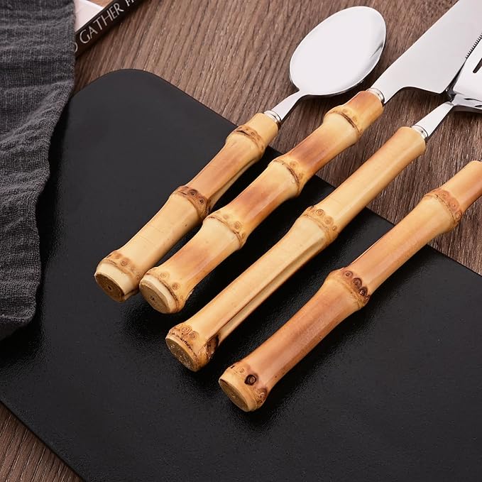 8-Piece Bamboo Handle Dinner Spoon Set, Stainless Steel Spoons for Kitchen Home and Restaurant, Mirror Polished, 8.03 inch