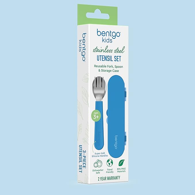 Bentgo® Kids Stainless Steel Utensil Set - Reusable Fork, Spoon & Storage Case - High-Grade BPA-Free Stainless Steel, Easy-Grip Handles, Dishwasher Safe for School Lunch, Travel & Outdoors (Blue)