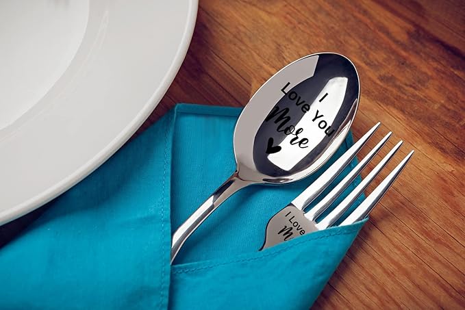 2 Pieces I Love You More Funny Engraved Stainless Spoon Fork Set,Restaurant Dinner Spoon Fork With Gift Box for Boyfriend,Girlfriend,Husband,Wife,Anniversary,Valentines Mothers Day Gifts