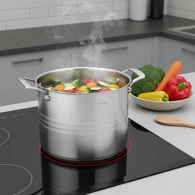 Valore 12 Qt Stainless Steel Stock Pot with Glass Lid – 5-Ply Soup Pot for Cooking & Canning – Heavy-Duty Large Cooking Pot with Brushed Stainless Finish & Riveted Handles