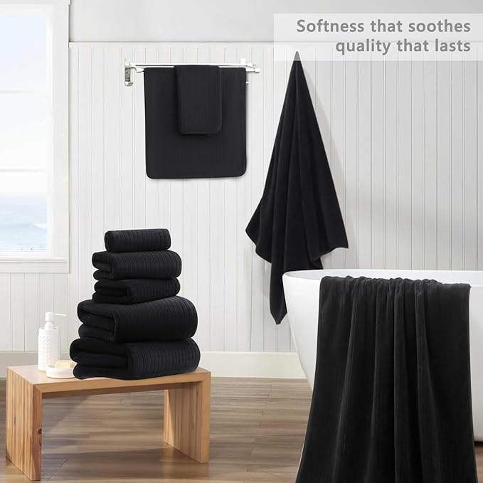 18 Piece Bath Towels Set,Super Soft Family Bathroom Towel Set with Hanging Loops-6 Bath Towels,6 Hand Towels,6 Washcloths,Highly Absorbent Quick Dry Shower Towel for Bathroom,Hotel,Spa-Black Towel Set