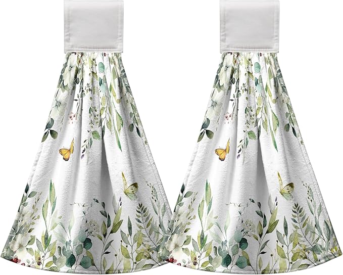Eucalyptus Leaves Green Hanging Kitchen Towels Flowers Butterfly Hand Towels with Hanging Loop Sage Leaf Summer Dish Towel Washcloth Soft Tie Towel for Bath Kitchen
