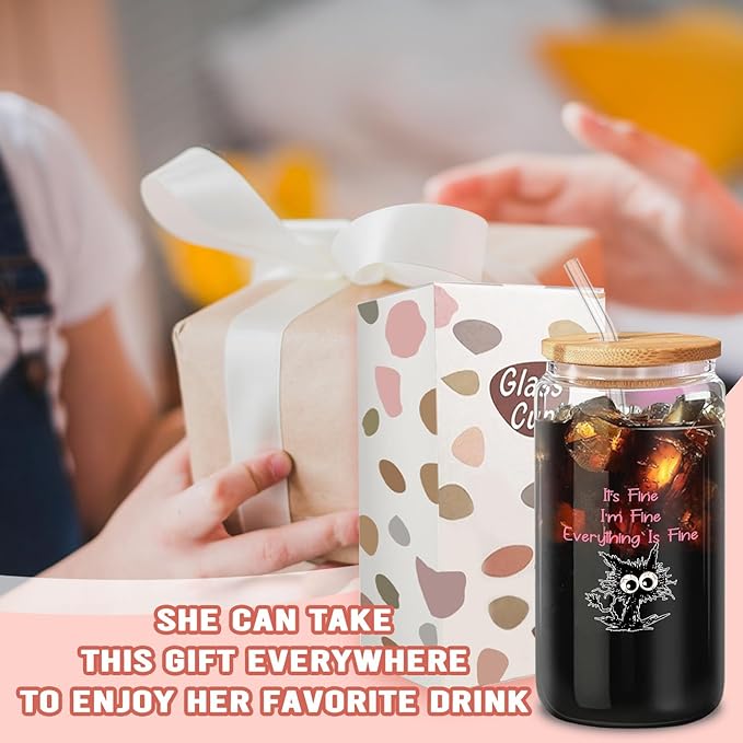 Pink Glass Tumbler Set with Straw, Cleaning Brush in Gift Box - Ideal Aesthetic Coffee Bar, Funny Cat Glass Cup Gifts-It's Fine I'm Fine - Present for Women Friends-16 Oz