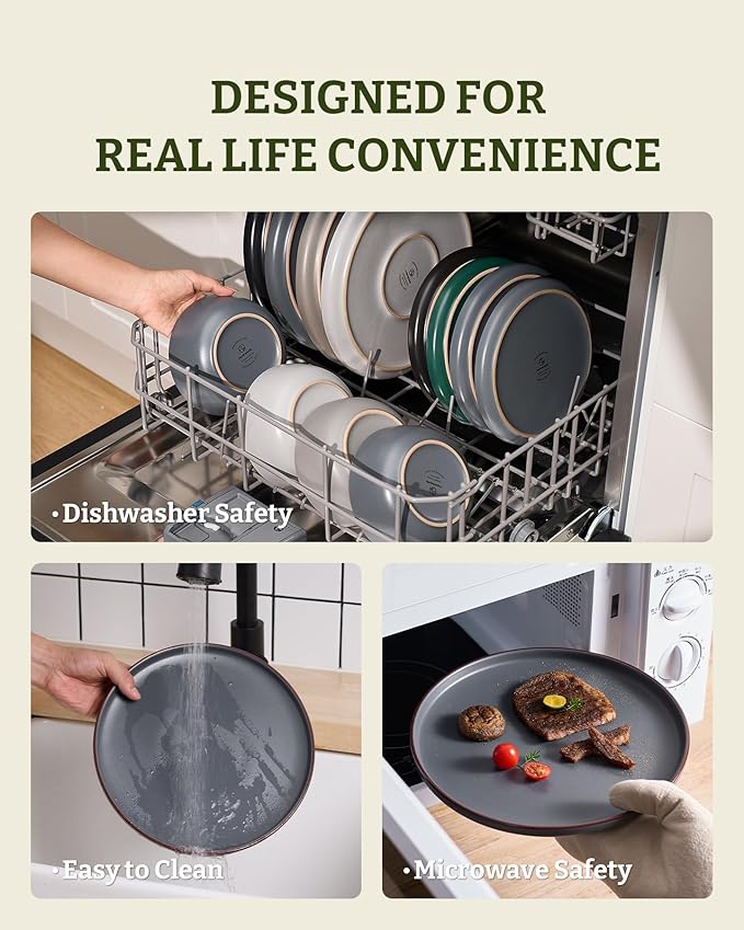 Famiware Mercury Plates and Bowls Sets, 12 Pieces Stoneware Dinnerware Sets, Dishes Set for 4, Microwave and Dishwasher Safe, Charcoal