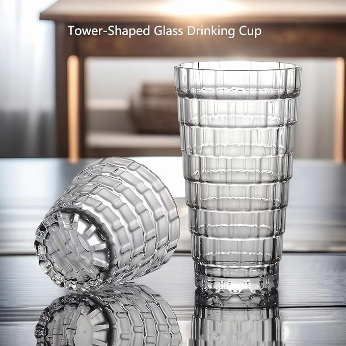 Vintage Drinking Glasses Set of 6, Mojito Glass Cups Stackable Water Tumbler, for Beer, Cocktail, Whiskey, Juice & Mixed Drinks. (15 OZ)