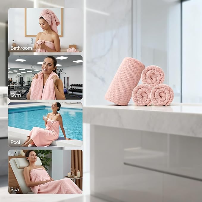 REDKISS 4 Pack Pink Bath Towels, 35 x 70 in Extra Large Coral Fleece Bath Towel Set, Super Soft Highly Absorbent Plush Bathroom Towels for Adults, Quick Dry Towel Set for Spa, Gym, Travel